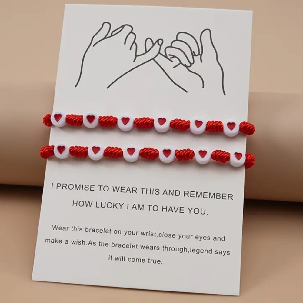 NEW Red Heart Beaded Cord Bracelet Set